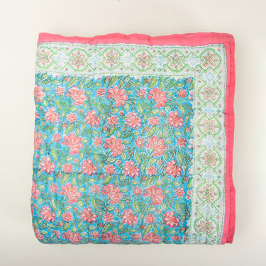 Floral Print Sky Blue Soft Mulmul Cotton Jaipuri Razai Single Bed