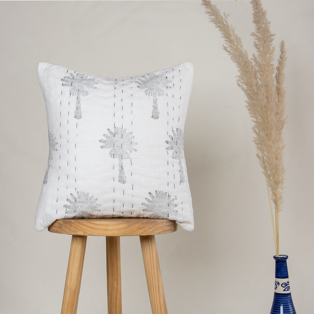 Grey Palm Tree Printed Kantha Cushion Cover Set Online