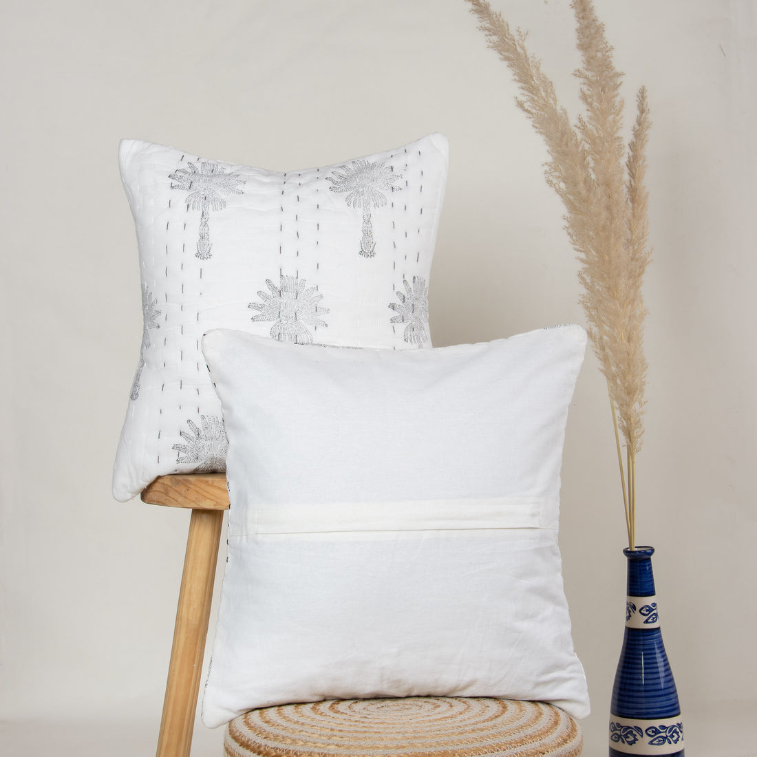 Grey Palm Tree Printed Kantha Cushion Cover Set Online