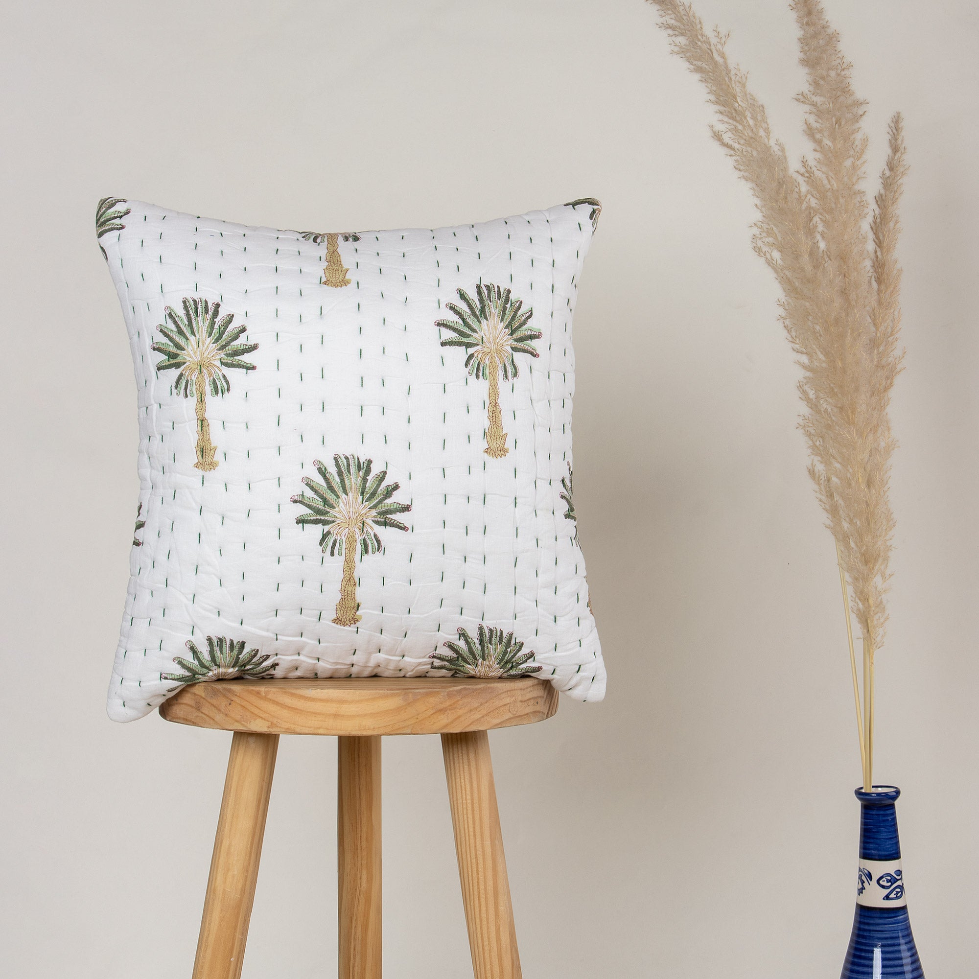Green Palm Tree Printed Kantha 18x18 Cushion Covers Online