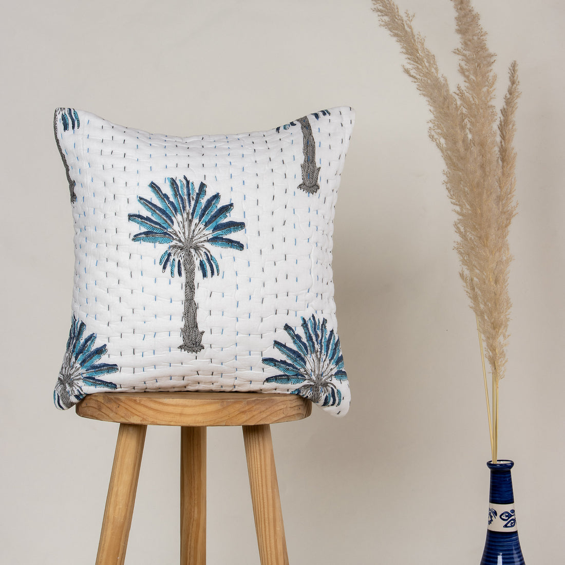 Luxury Blue Palm Tree Printed Cotton Kantha Cushion Cover Set Online