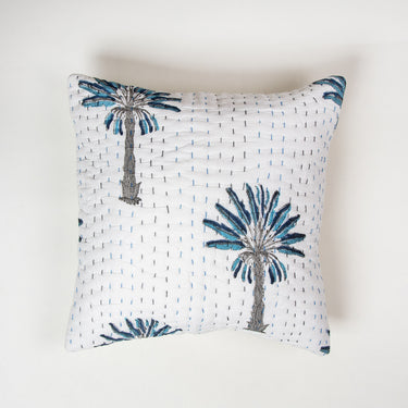 Luxury Blue Palm Tree Printed Cotton Kantha Cushion Cover Set Online