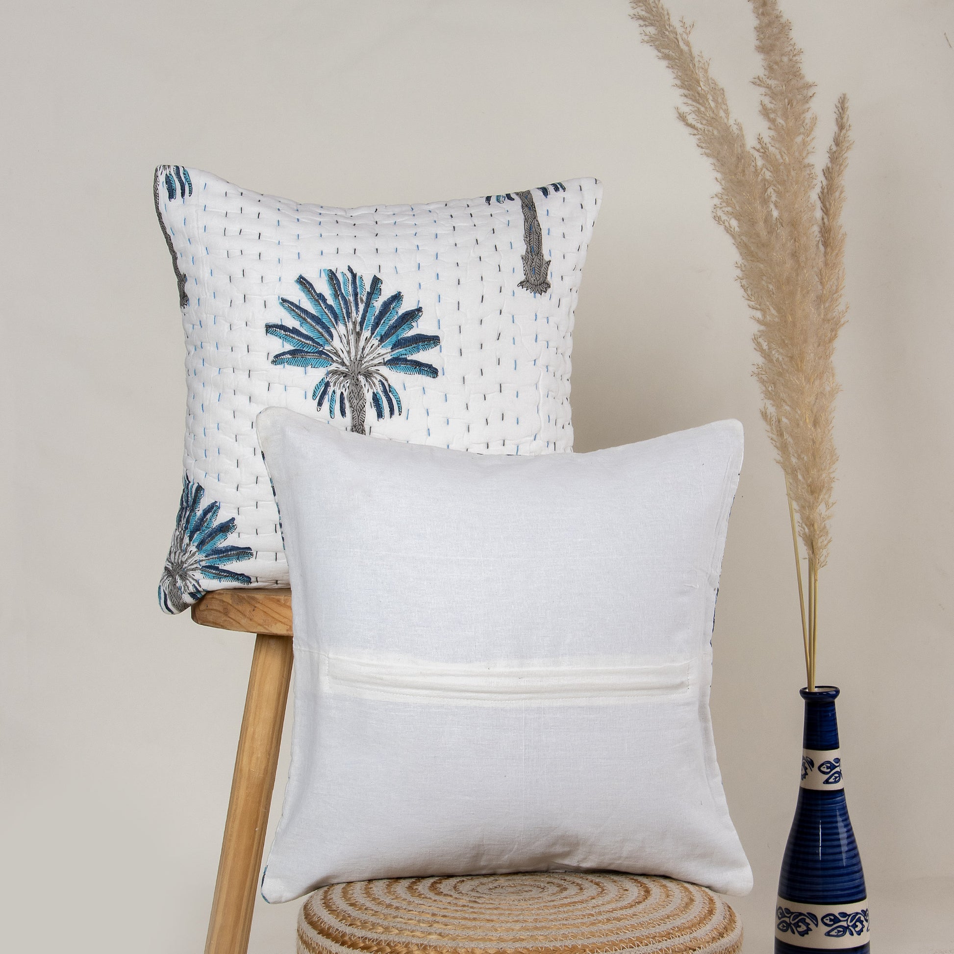 Luxury Blue Palm Tree Printed Cotton Kantha Cushion Cover Set Online