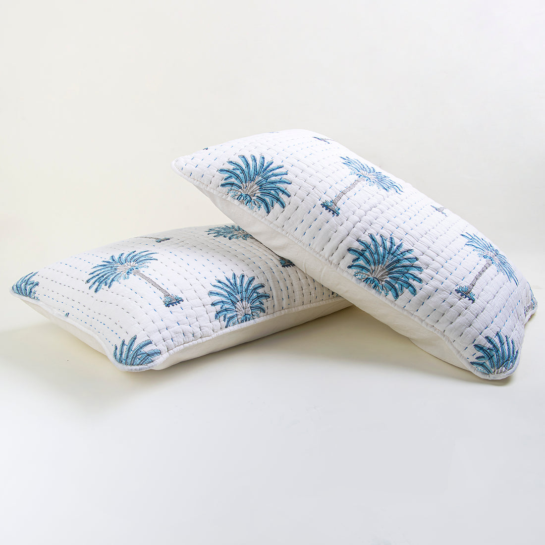 Blue Palm Print Cotton Kantha Plain Pillow Covers