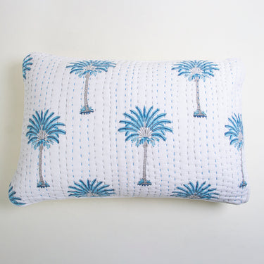 Blue Palm Print Cotton Kantha Plain Pillow Covers