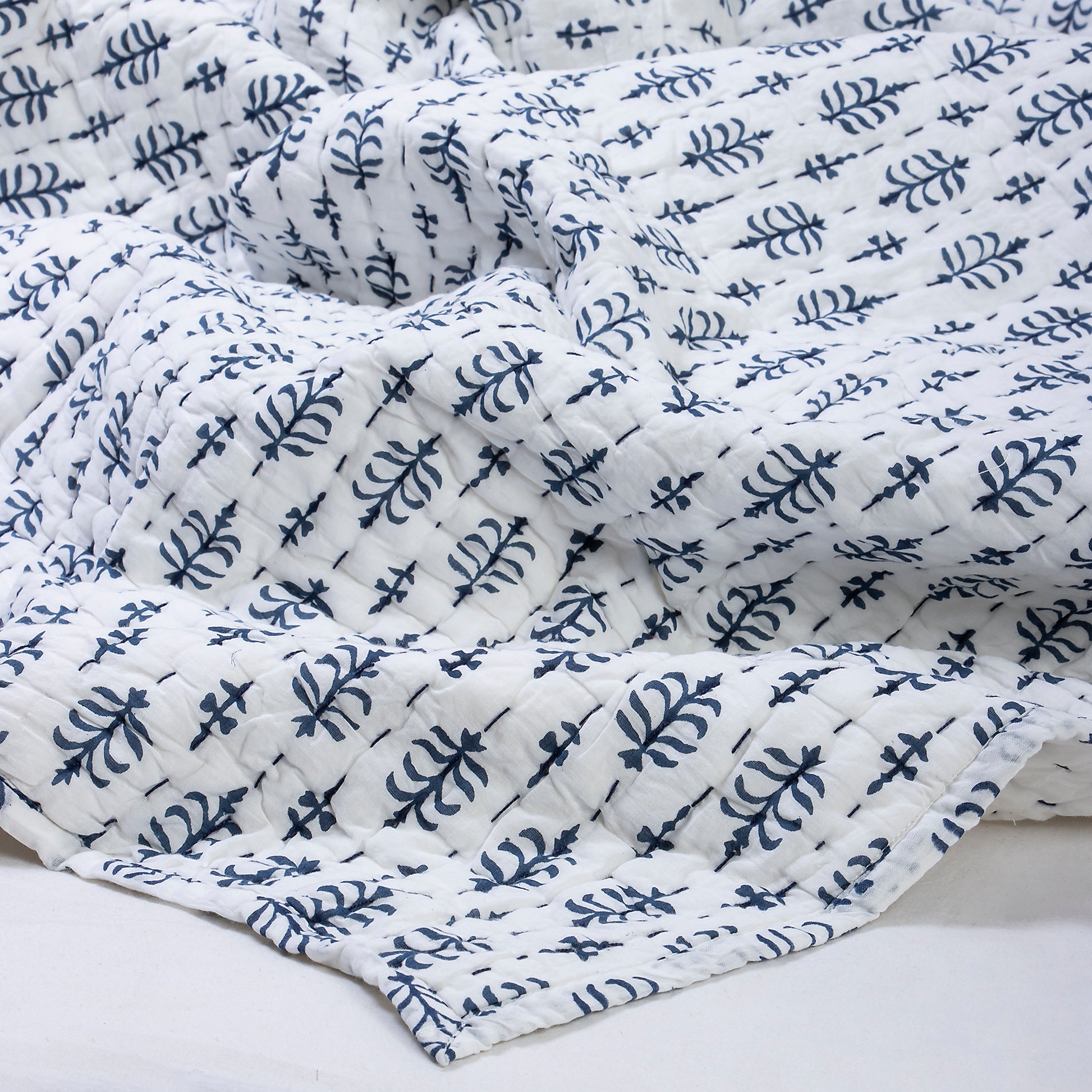 Hand Block Blue Leaf Print Soft Cotton Reversible Kantha Quilt