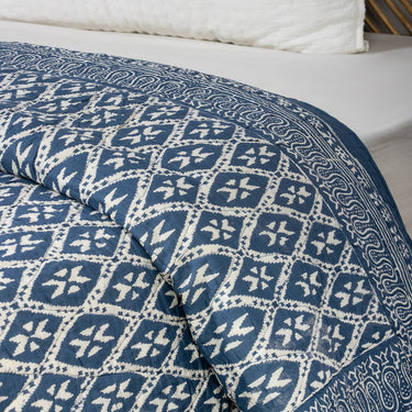 Indigo Blue Ikat Print Pure Machine Quilted Rajai