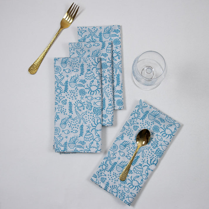 Luna S/4 Cotton Napkins- Sky/Red