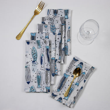 Fish Block Printed Cotton Reusable Napkins For Girls & Boys Online