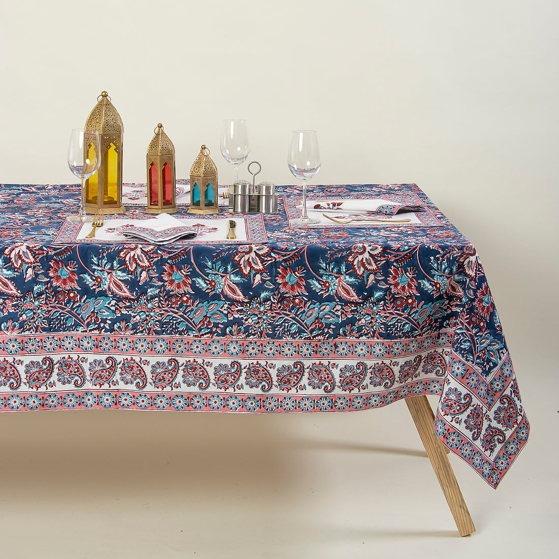 Blue Hand Block Floral Print Pure Cotton Dining Table Cover