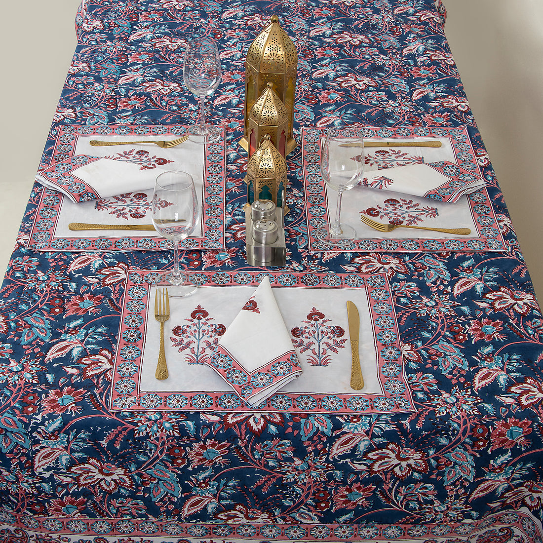 Blue Hand Block Floral Print Pure Cotton Dining Table Cover