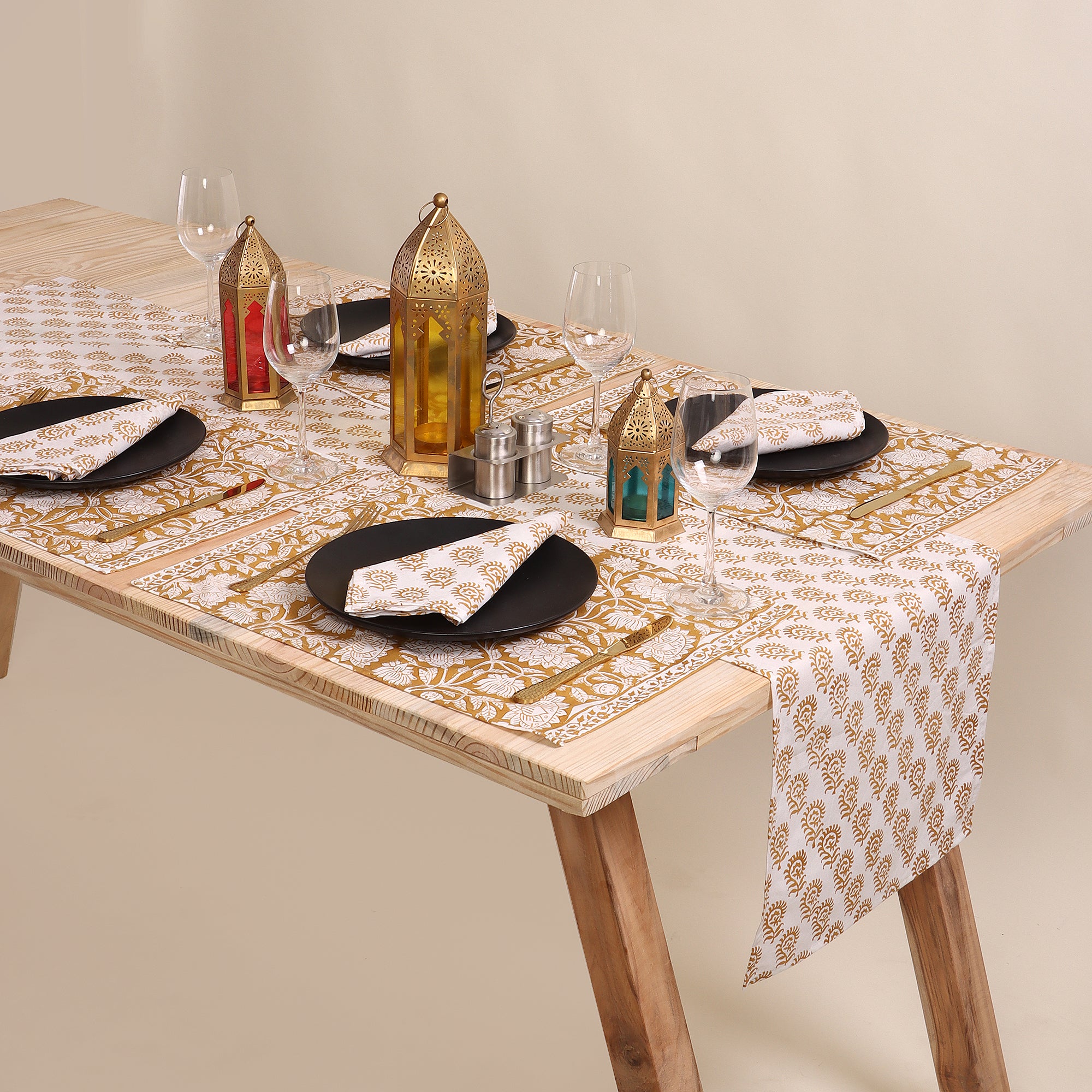 Gold Color Floral Block Printed Cotton Block Print Table Runner Online
