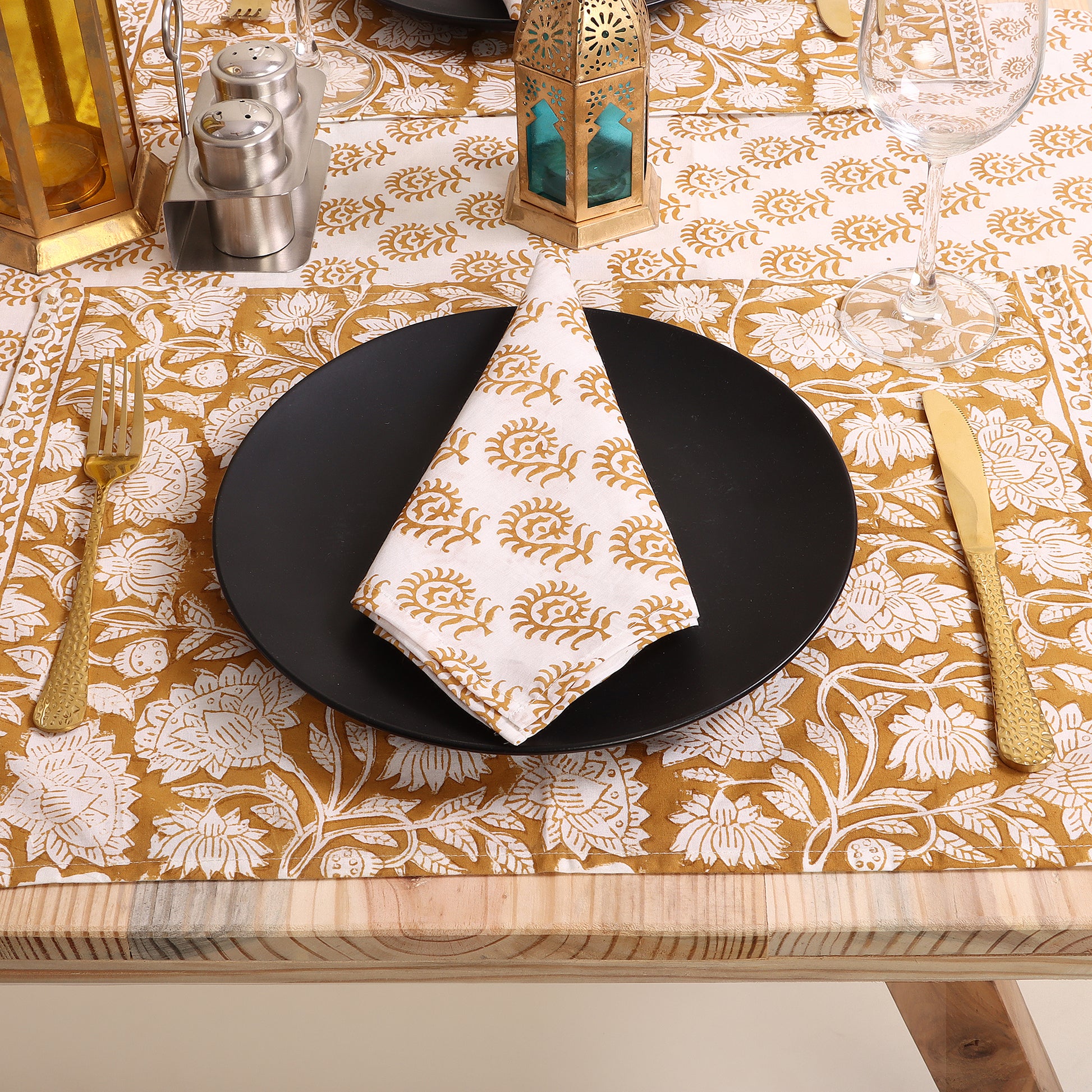 Gold Color Floral Block Printed Cotton Block Print Table Runner Online