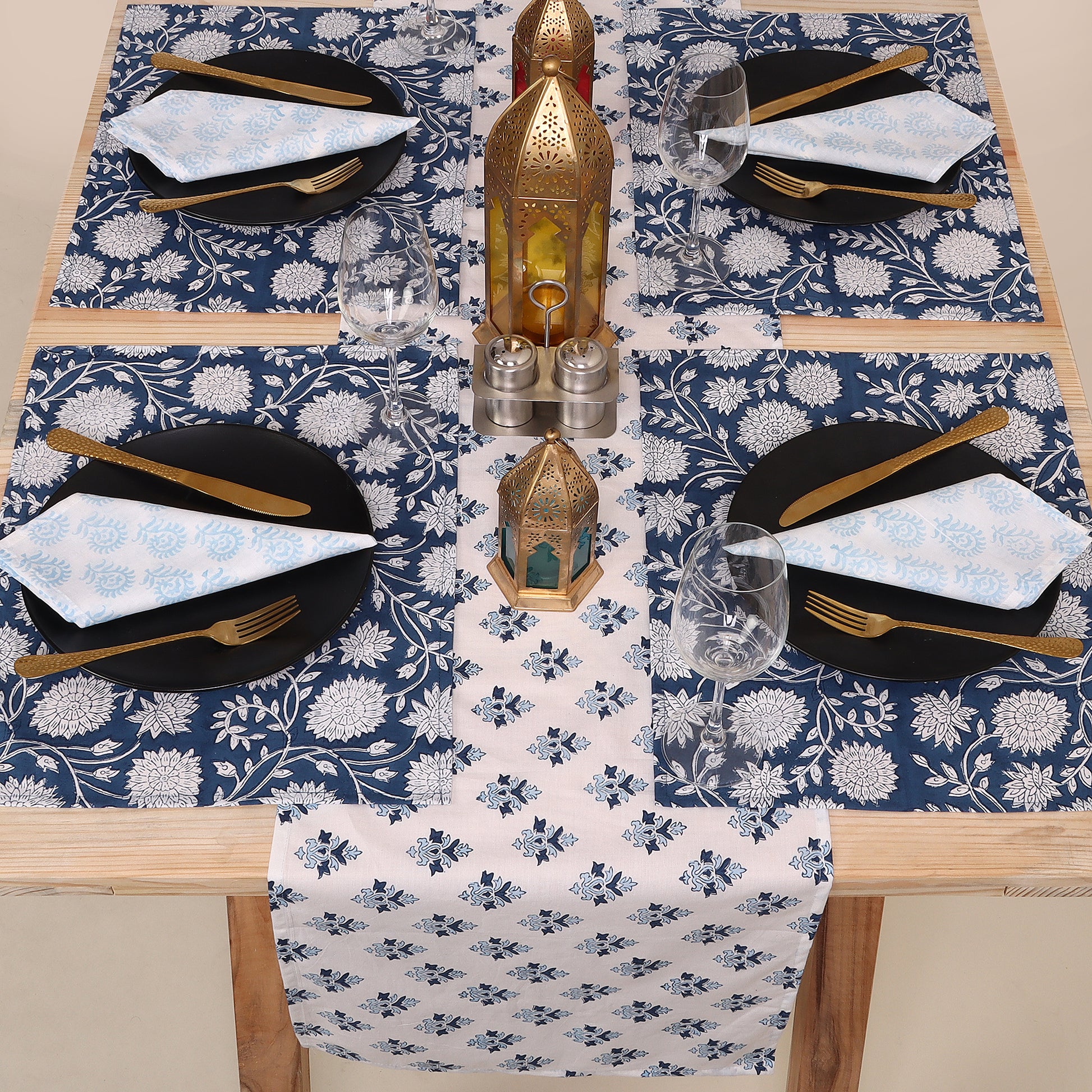 Blue Floral Block Printed Dining Table Mats With Runner Online