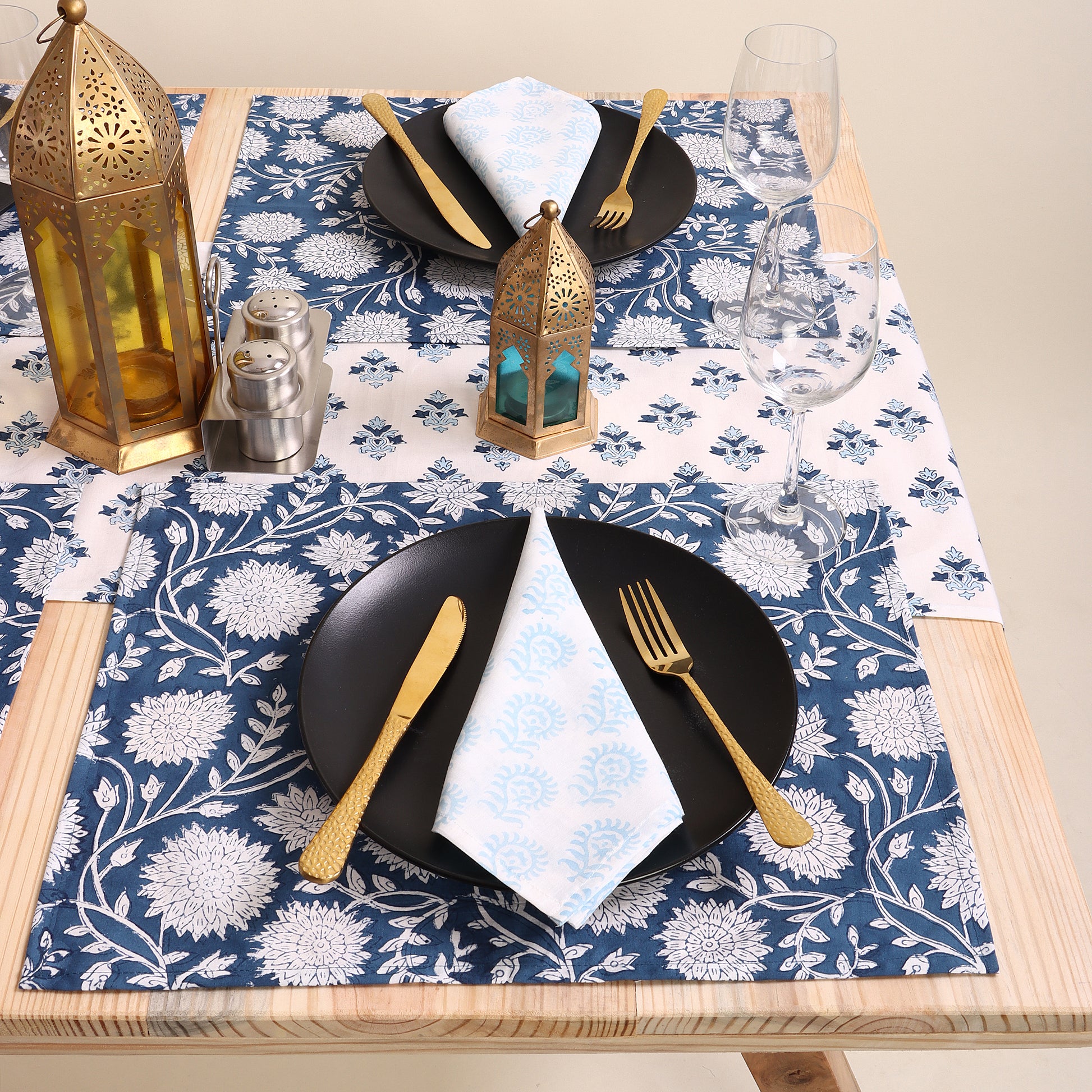 Blue Floral Block Printed Dining Table Mats With Runner Online