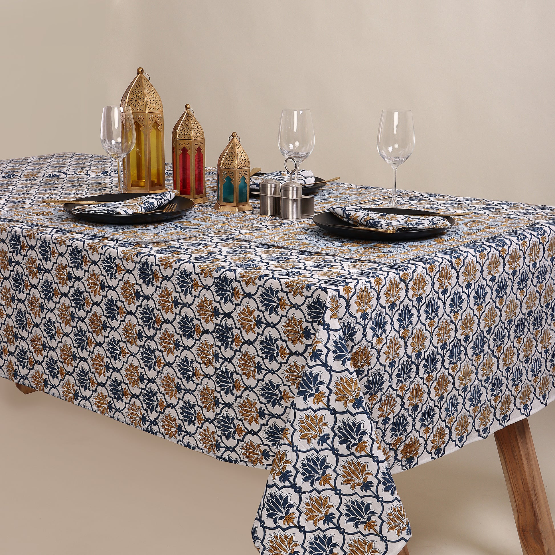 Blue Block Print Pure Cotton Table Cover Cloth Online