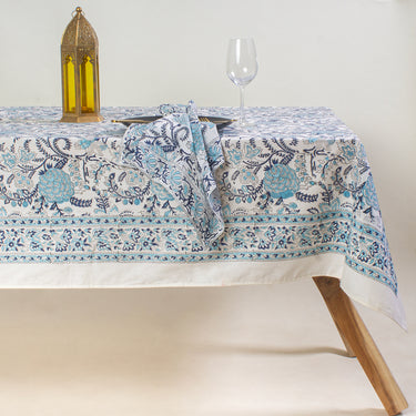 Sky Blue Floral Print Pure Cotton Modern Dining Table Cover