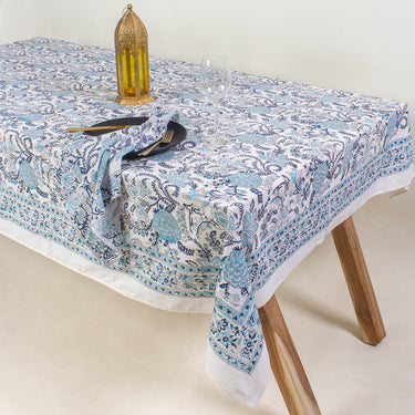 Sky Blue Floral Print Pure Cotton Modern Dining Table Cover