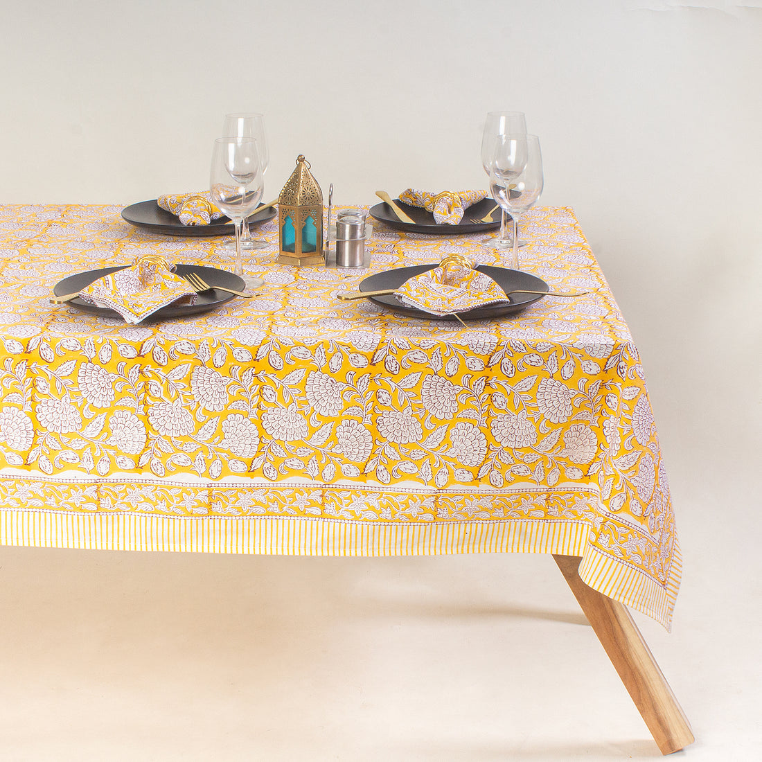 Gold Hand Block Floral Print Dining Table Cover 4 & 6 Seater