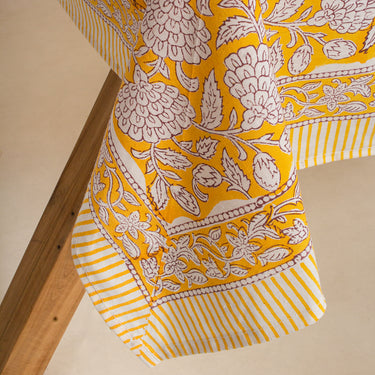 Gold Hand Block Floral Print Dining Table Cover 4 & 6 Seater