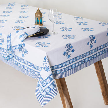 Sky Blue Boota Floral Block Print Cotton Dining Table Cover Online