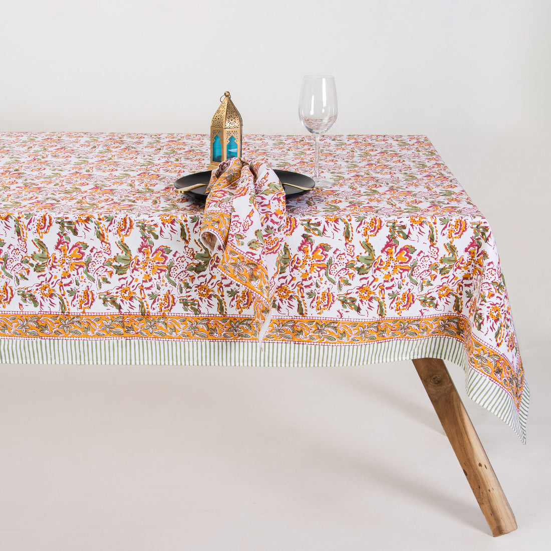 Mustard Jaal Floral Block Printed Cotton Dining Table Cover Online