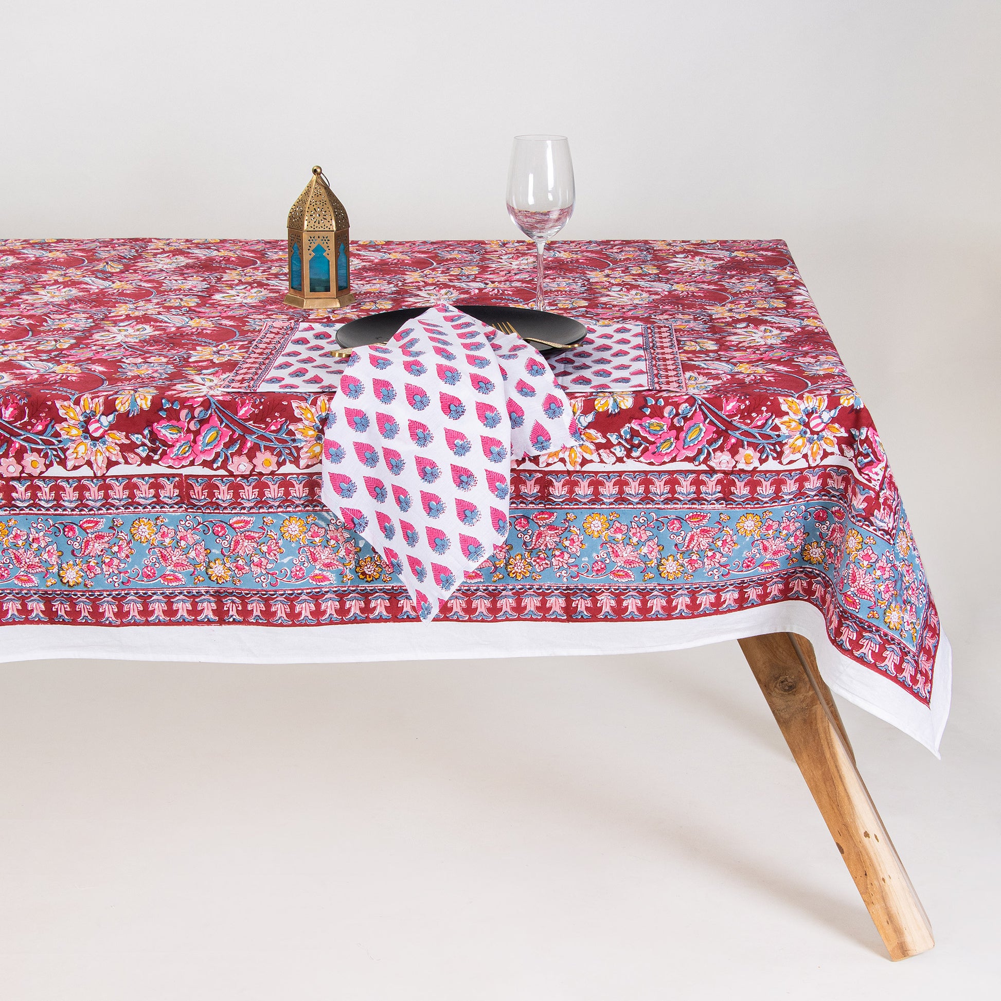 Red Floral Block Print Cotton Dining Table Cover 4 Seater Online