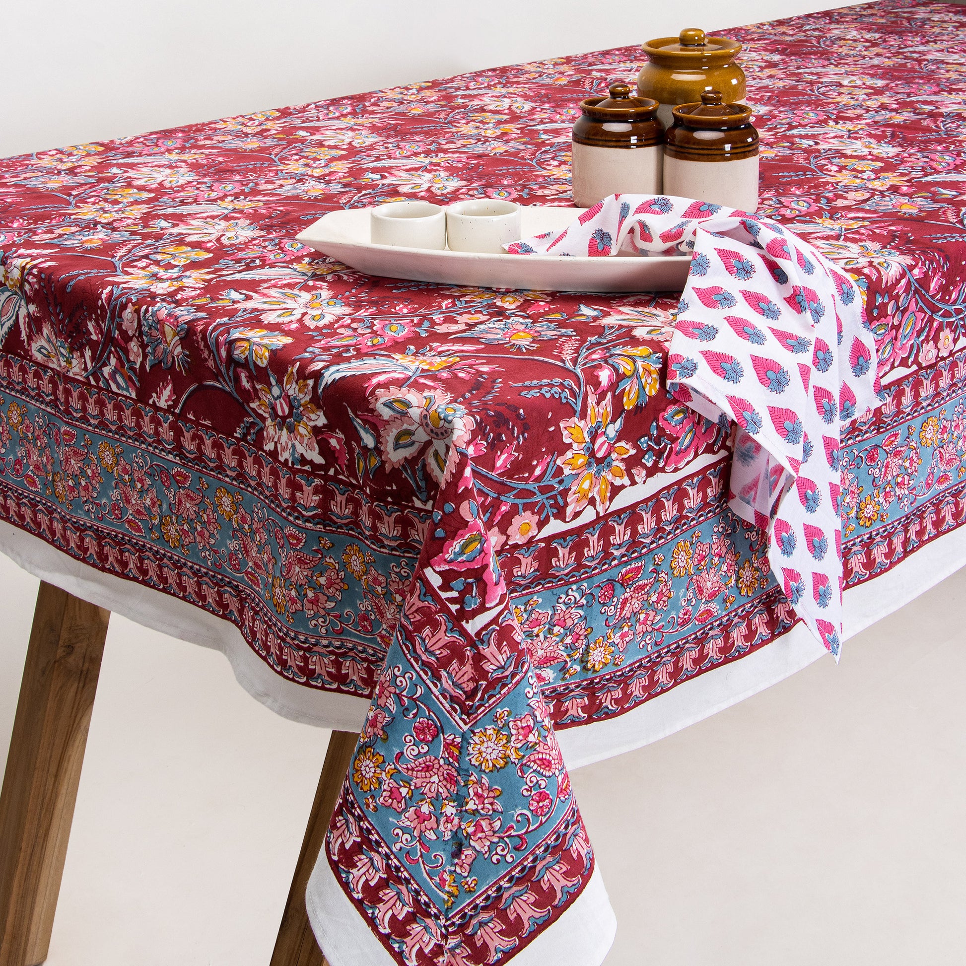 Red Floral Block Print Cotton Dining Table Cover 4 Seater Online