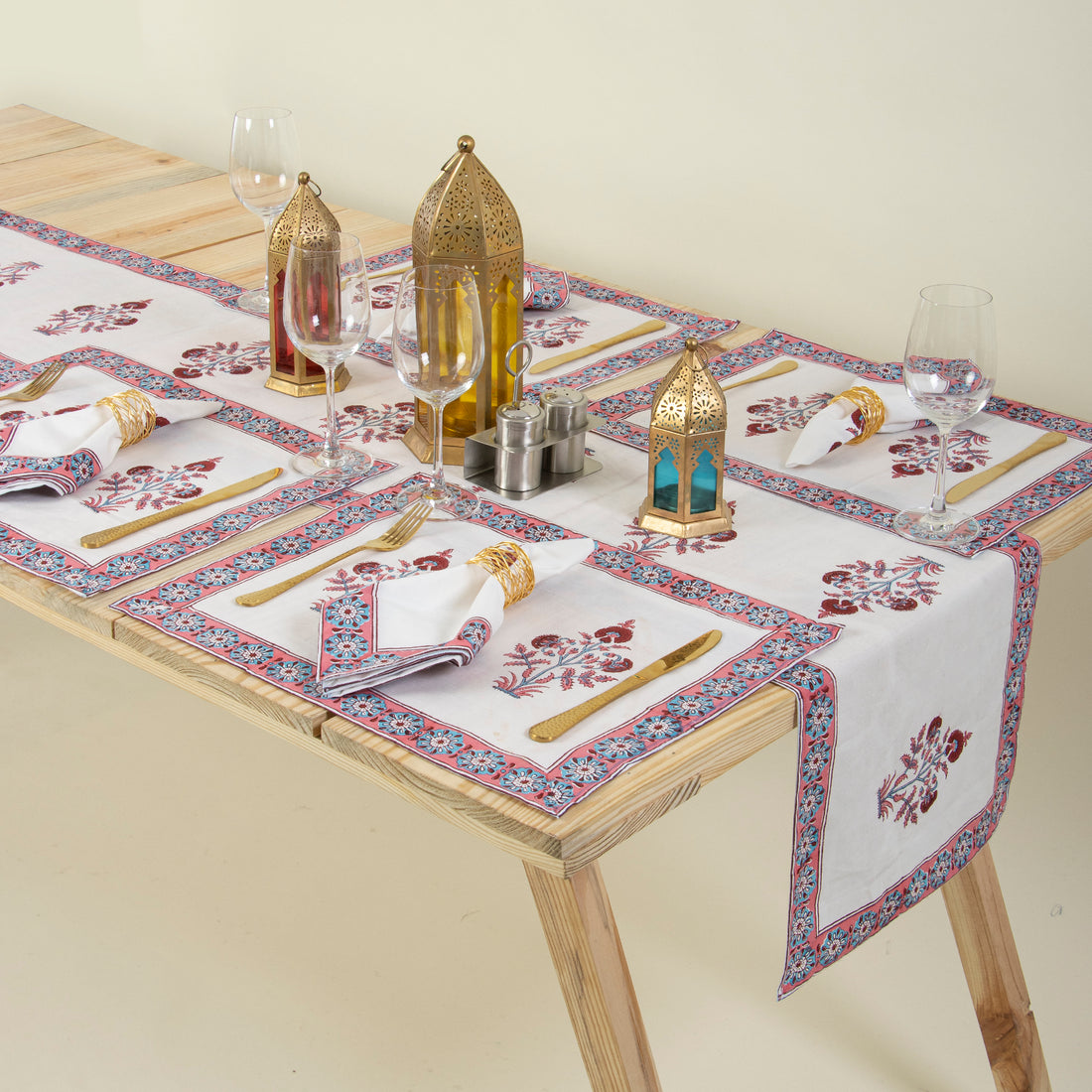 Maroon Boota Floral Block Printed Cotton Table Runner For Center Table Online