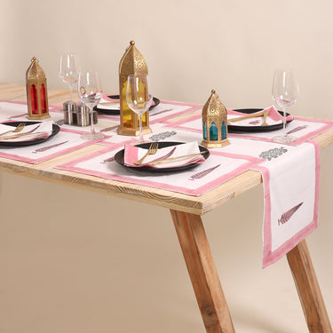 Pink Leaf Block Printed Cotton Table Mats & Runners Online