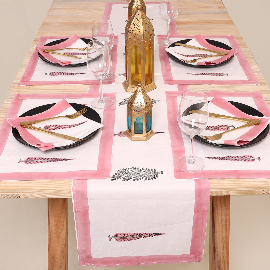 Pink Leaf Block Printed Cotton Table Mats & Runners Online