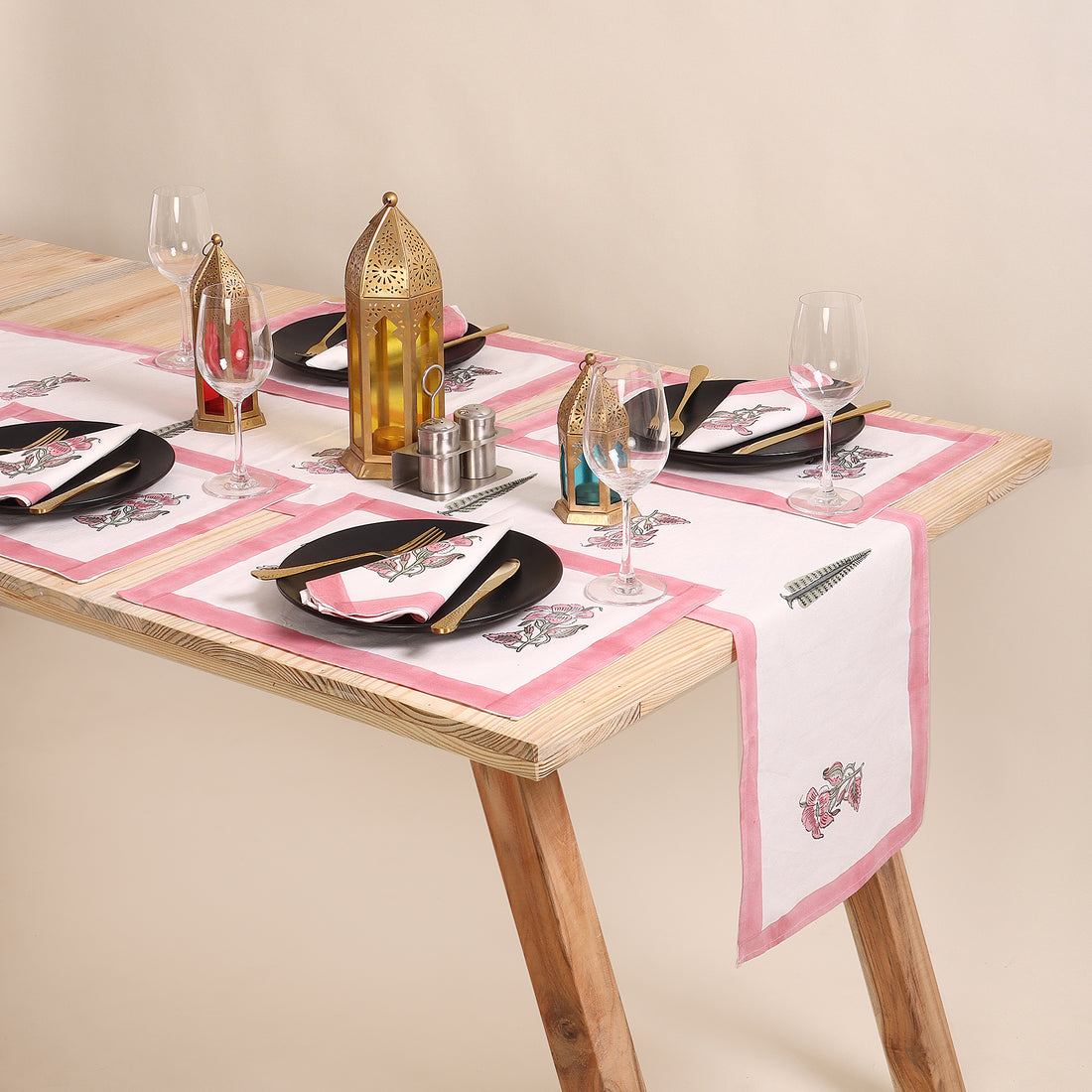 Pink Hand Block Printed Cotton Dining Table Mats & Runners