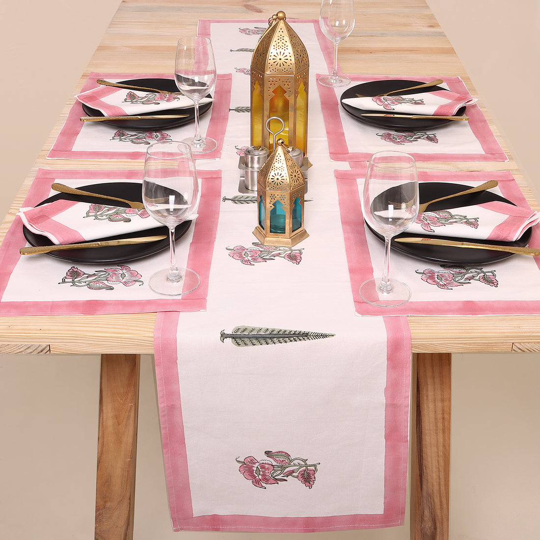 Pink Hand Block Printed Cotton Dining Table Mats & Runners
