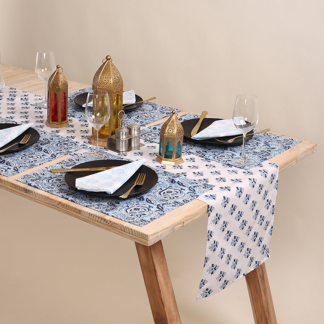 Hand Block Sky Blue Floral Printed Soft Cotton Table Runner