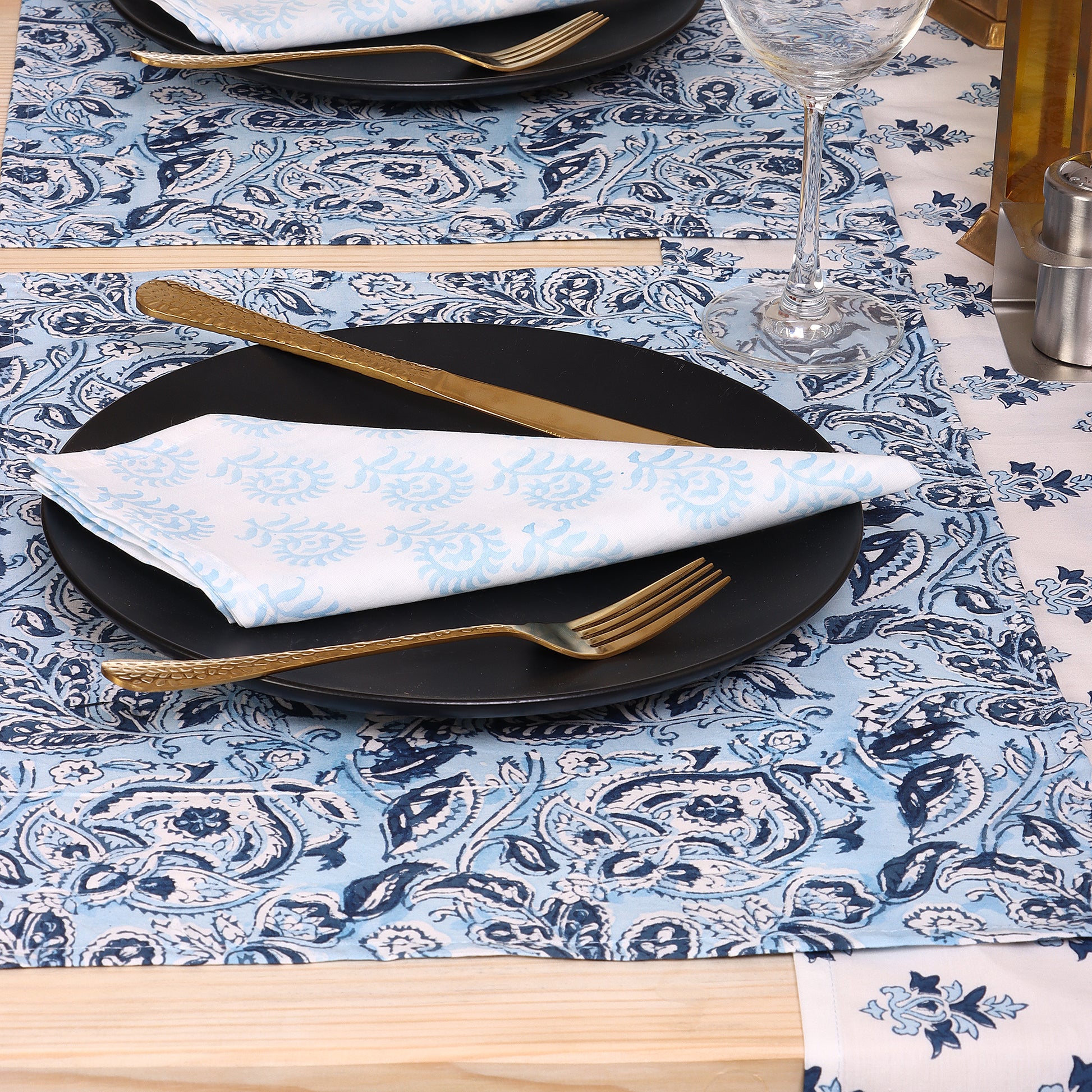 Hand Block Sky Blue Floral Printed Soft Cotton Table Runner