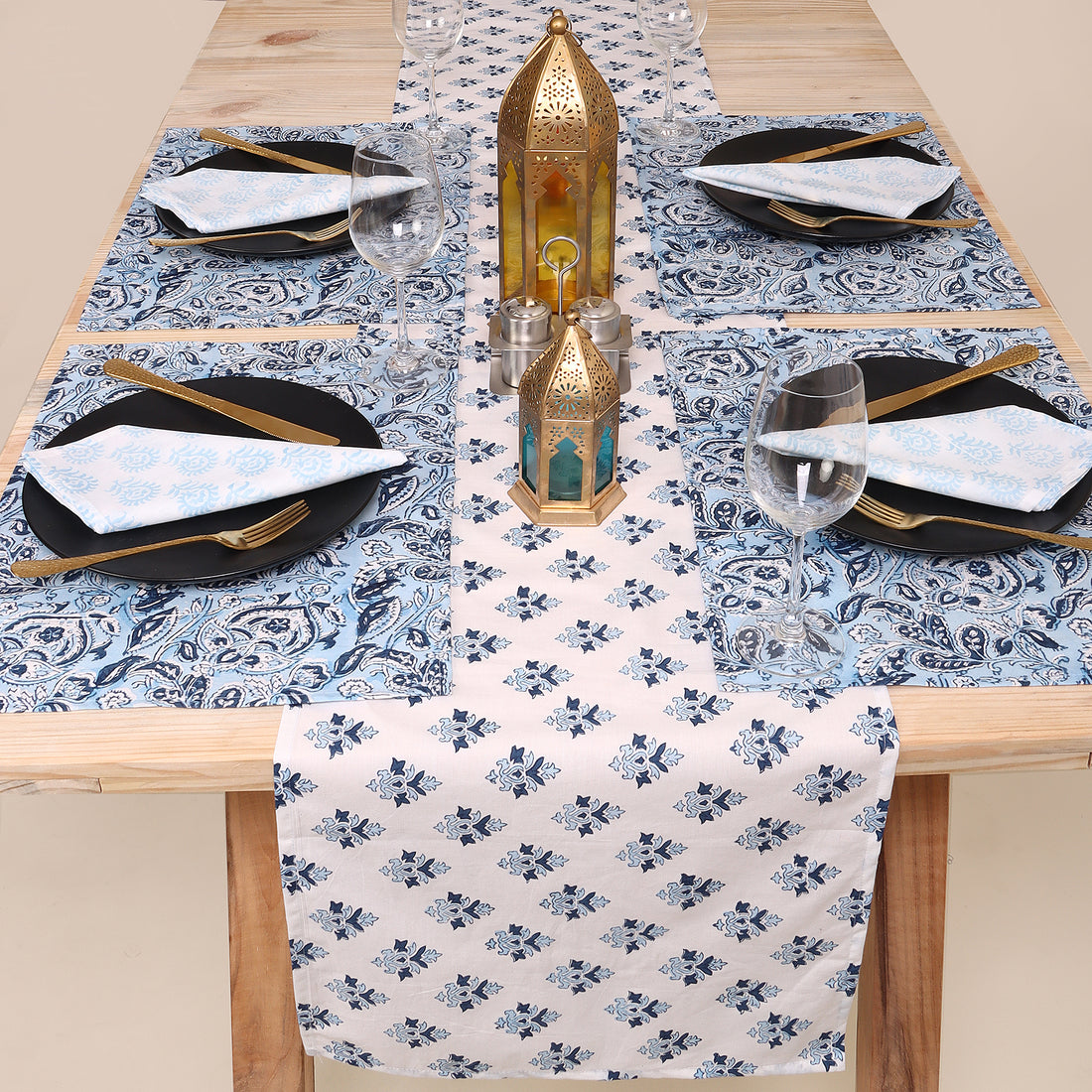 Hand Block Sky Blue Floral Printed Soft Cotton Table Runner