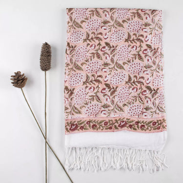 Floral Hand Block Printed Linen Stole With Tessels