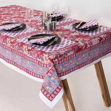 Red Floral Block Print Cotton Dining Table Cover 4 Seater