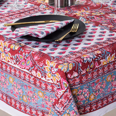 Red Floral Block Print Cotton Dining Table Cover 4 Seater