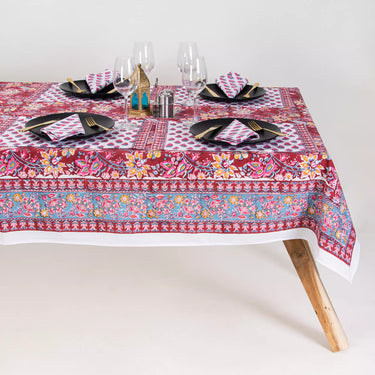 Red Floral Block Print Cotton Dining Table Cover 4 Seater