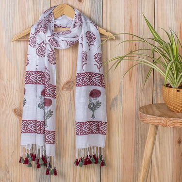 Red Floral Handmade Block Print Ladies Linen Stole
