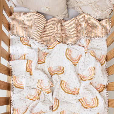 Reversible Rainbow Hand Block Printed Cotton Baby Quilt Blanket