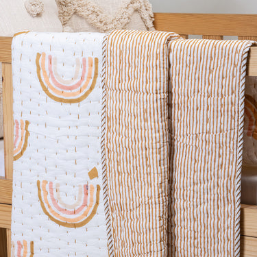 Reversible Rainbow Hand Block Printed Cotton Baby Quilt Blanket