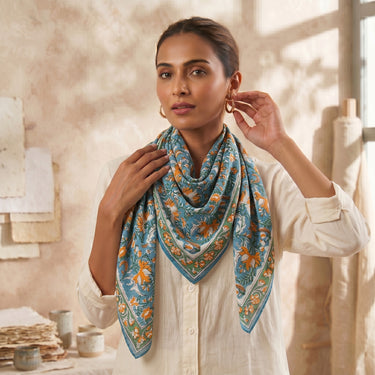 Blue Handmade Floral Block Print Cotton Scarf for Women