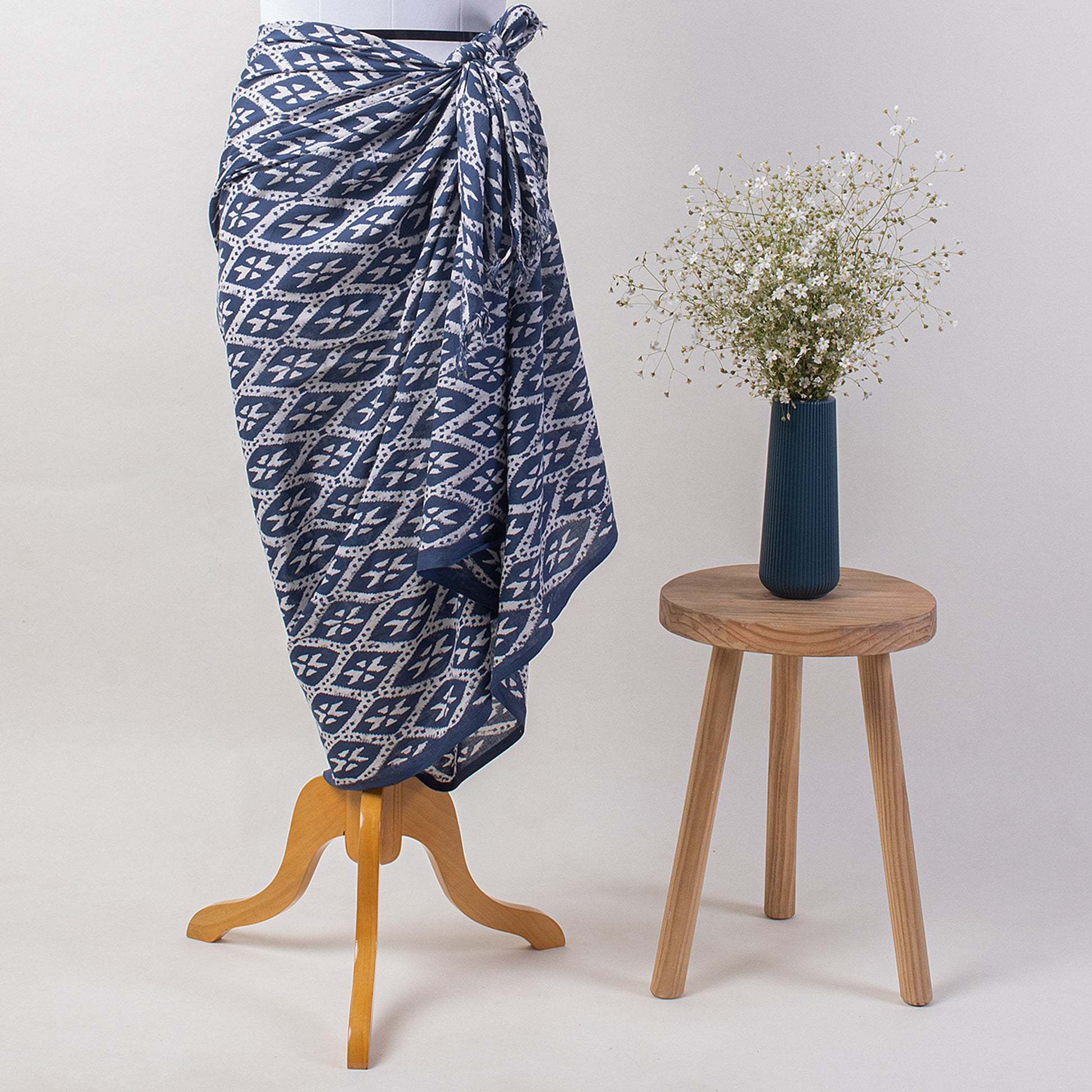 Ikat Indigo Blue Block Print Cotton Beachwear Sarong Wrap