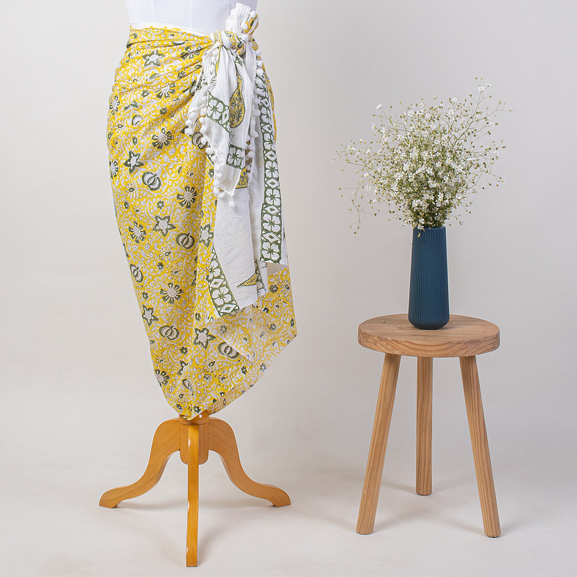 Yellow Floral Printed Cotton Beachwear Cover Ups Sarong