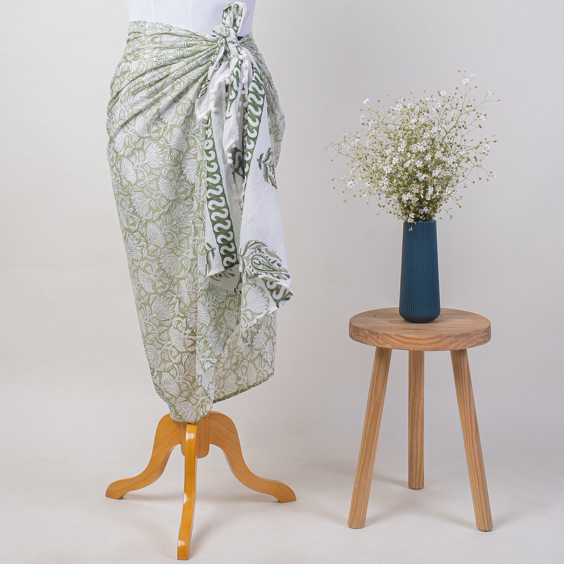 Green Floral Print Cotton Modest Swimwear Womens Sarong