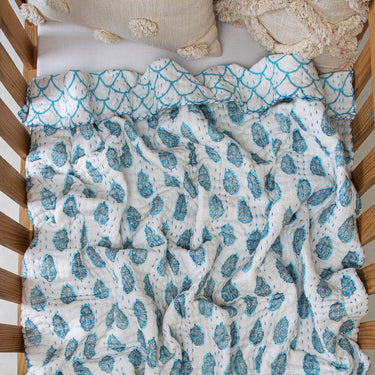 Sky Blue Boota Floral Print Cotton Newborn Baby Blanket