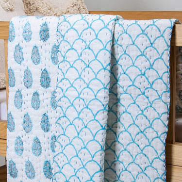 Sky Blue Boota Floral Print Cotton Newborn Baby Blanket