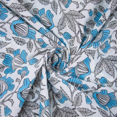 Soft Blue Floral Jaipur Hand Block Printed Cotton Fabric